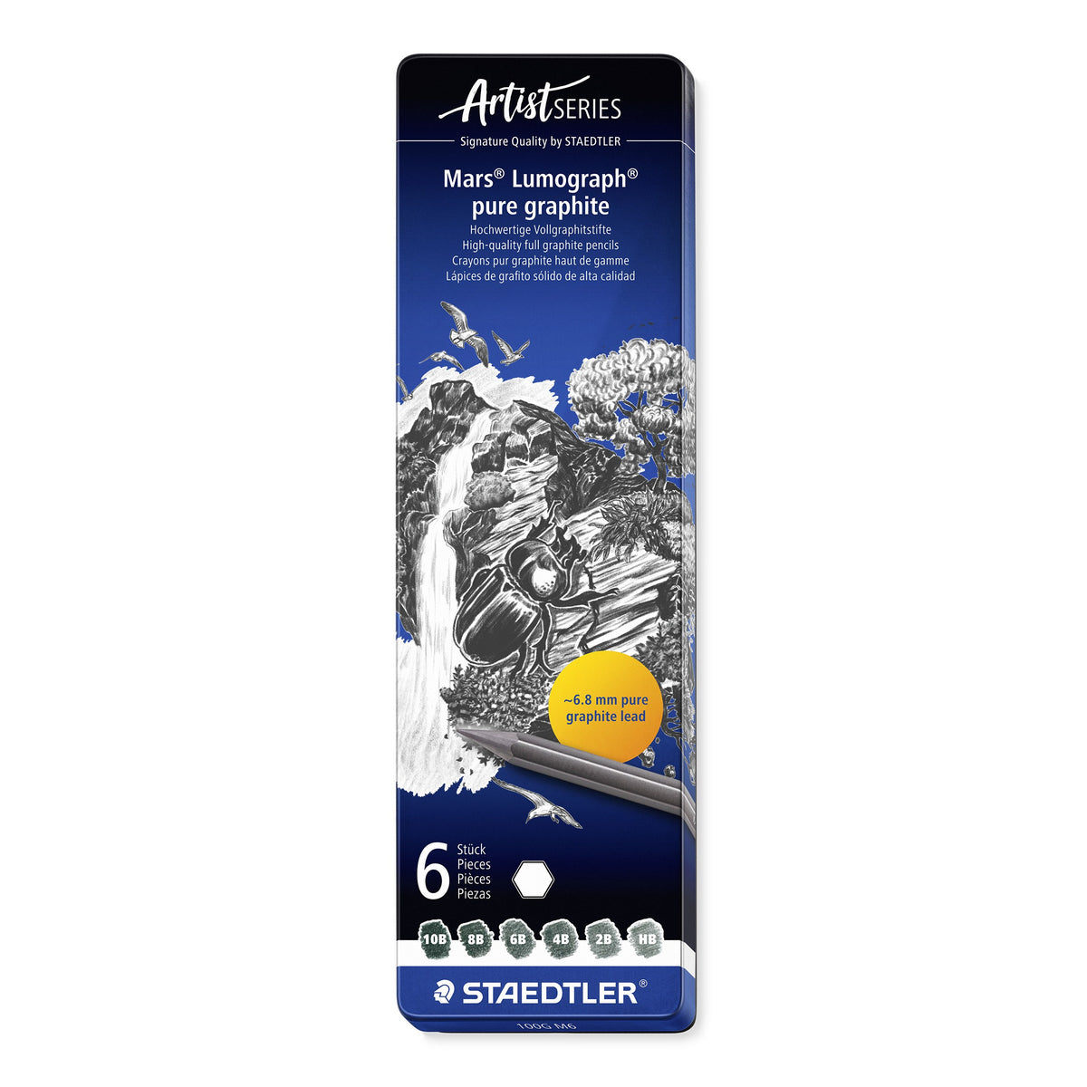 Closed Staedtler Mars Lumograph pure graphite tin of 6, Artist Series lid with a drawn waterfall and beetle, a 6.8 mm pure graphite lead roundel and degrees 10B to HB