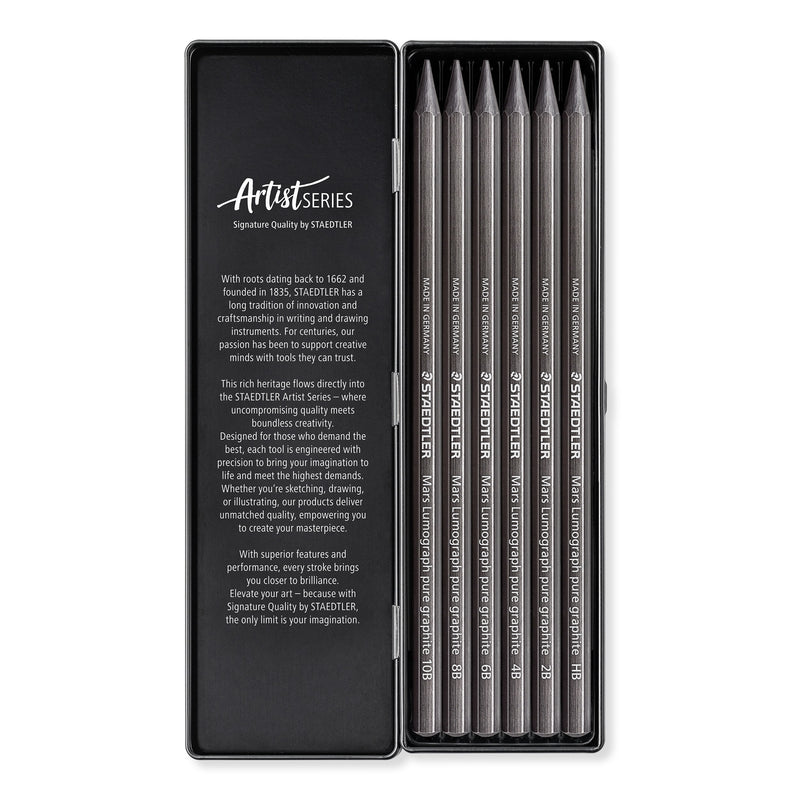 Open pure graphite tin showing six dark grey woodless pencils beside the printed inner lid text
