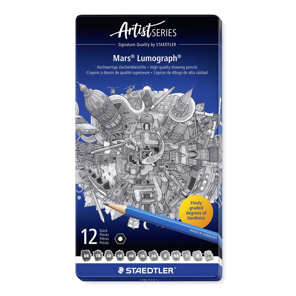 Closed Staedtler Mars Lumograph 100 G12 S metal tin, Artist Series design with a pencil-drawn city, 12 pieces and degree swatches 8B to 2H along the bottom