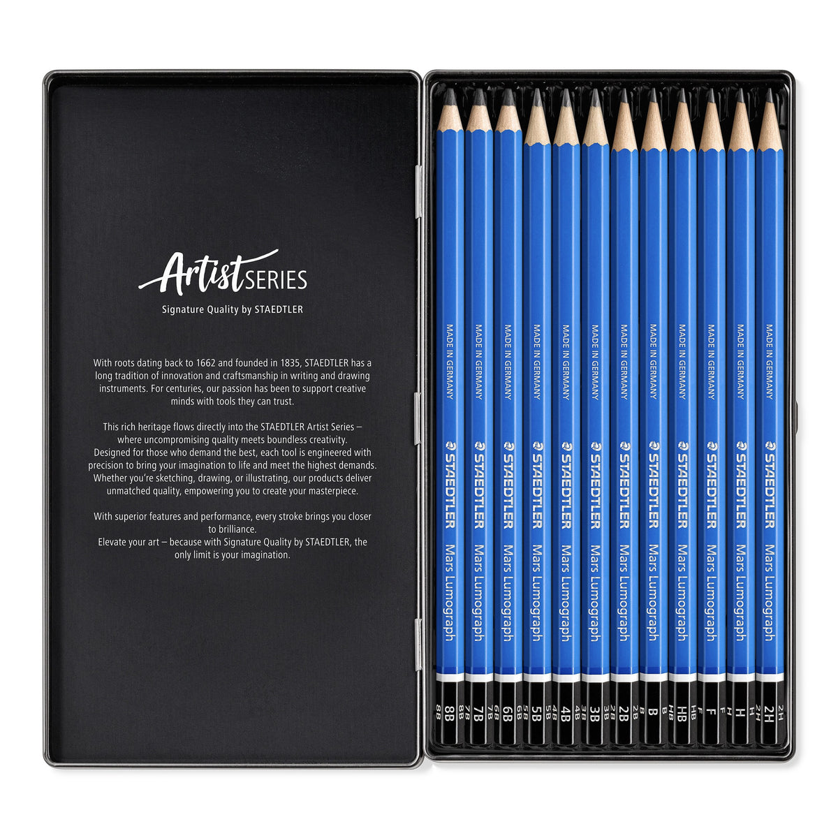 Open Mars Lumograph tin showing 12 blue pencils in a row beside the black inside lid printed with Artist Series text