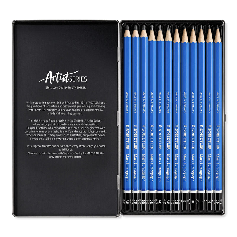 Open Mars Lumograph tin showing 12 blue pencils in a row beside the black inside lid printed with Artist Series text
