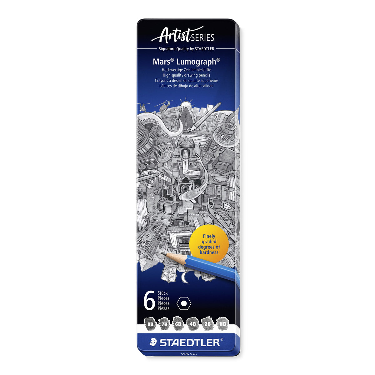 Closed Staedtler Mars Lumograph 100 G6 metal tin, narrow Artist Series lid with a city drawing, 6 pieces and swatches 8B 7B 6B 4B 2B HB