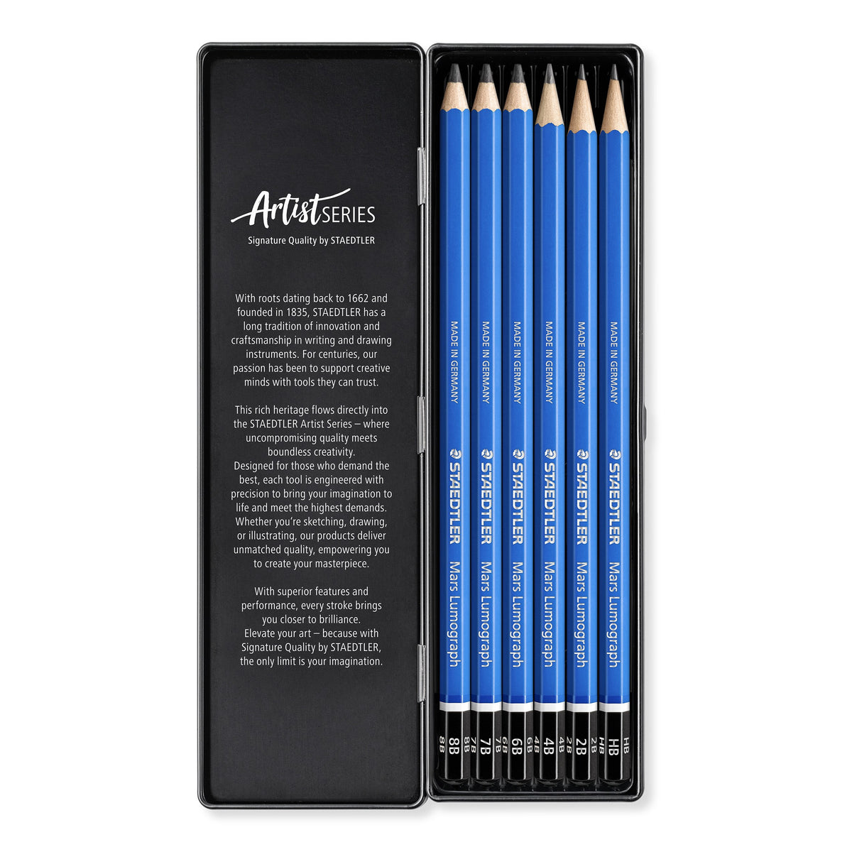 Open tin of 6 Mars Lumograph pencils, blue barrels side by side next to the black lid lining printed with Artist Series text