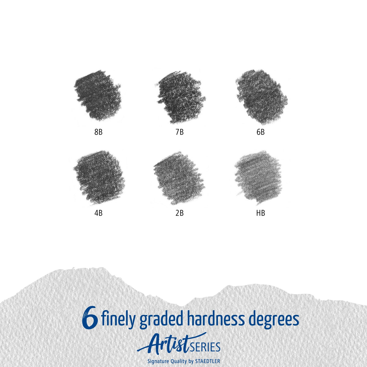 Staedtler degree chart for the tin of 6 with graphite swatches in 8B, 7B, 6B, 4B, 2B and HB