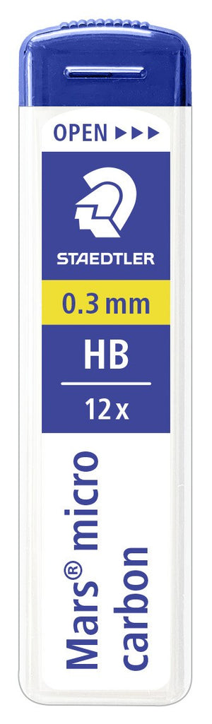Current Staedtler Mars micro carbon tube upright, OPEN slider at the top, yellow band printed 0.3 mm HB and 12x