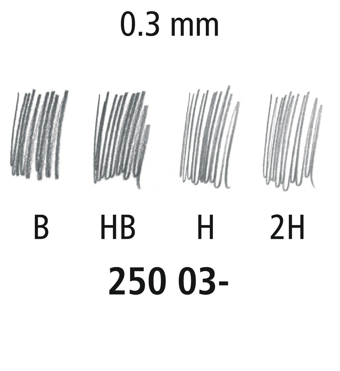 Staedtler degree chart for 250 03 leads with pencil shading swatches labelled B, HB, H and 2H