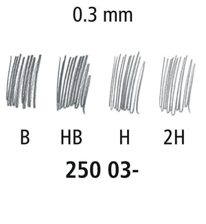Staedtler degree chart for 250 03 leads with pencil shading swatches labelled B, HB, H and 2H