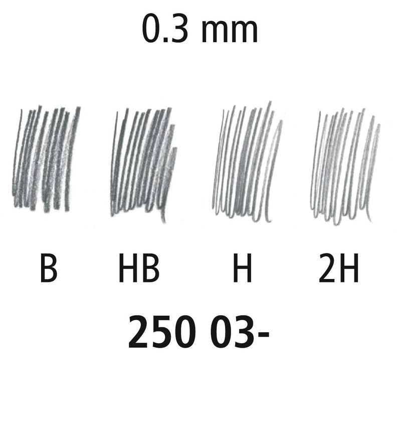 Staedtler degree chart for 250 03 leads with pencil shading swatches labelled B, HB, H and 2H