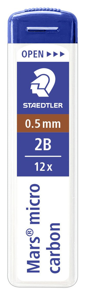 Upright Staedtler Mars micro carbon tube in the current design, red band printed 0.5 mm 2B and 12x beneath the OPEN slider