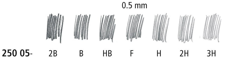 Degree swatch strip for Mars micro carbon 0.5 mm leads, from 2B on the left to 3H on the right including H