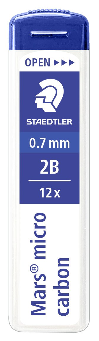 Staedtler Mars micro carbon tube in current upright form, blue band reading 0.7 mm, 2B and 12x beneath the OPEN slider