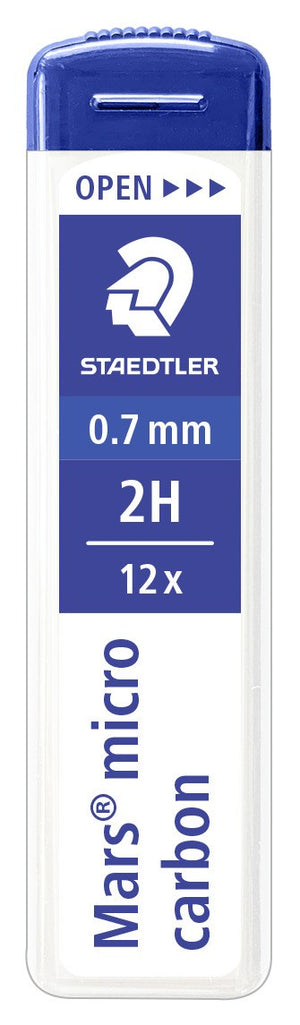 Upright Staedtler Mars micro carbon tube, current design with OPEN slider and blue band printed 0.7 mm 2H and 12x