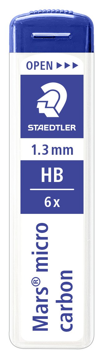 Current upright Staedtler Mars micro carbon tube with an OPEN slider, blue band reading 1.3 mm, HB and 6x