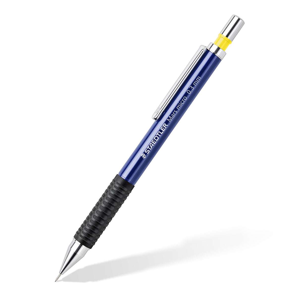 Staedtler Mars micro 775 03 mechanical pencil at an angle, blue barrel, black rubber grip and yellow ring below the push-button