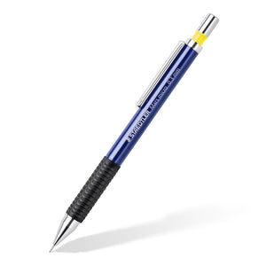Staedtler Mars micro 775 03 mechanical pencil at an angle, blue barrel, black rubber grip and yellow ring below the push-button