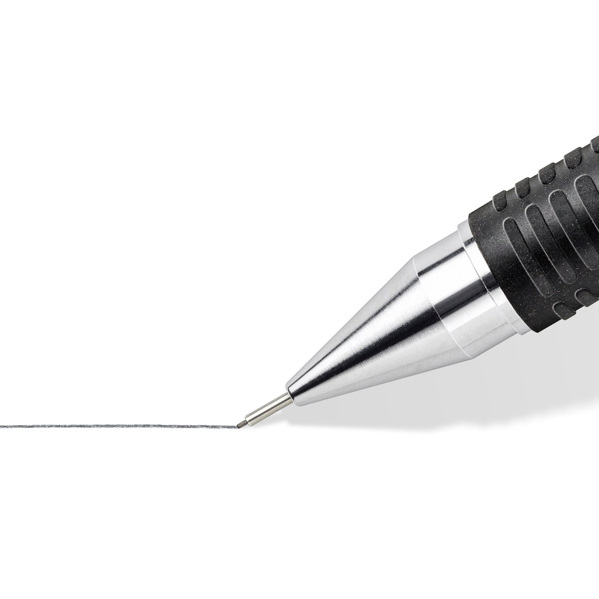 Close-up of the metal tip and rigid lead sleeve of a Mars micro pencil drawing a fine line