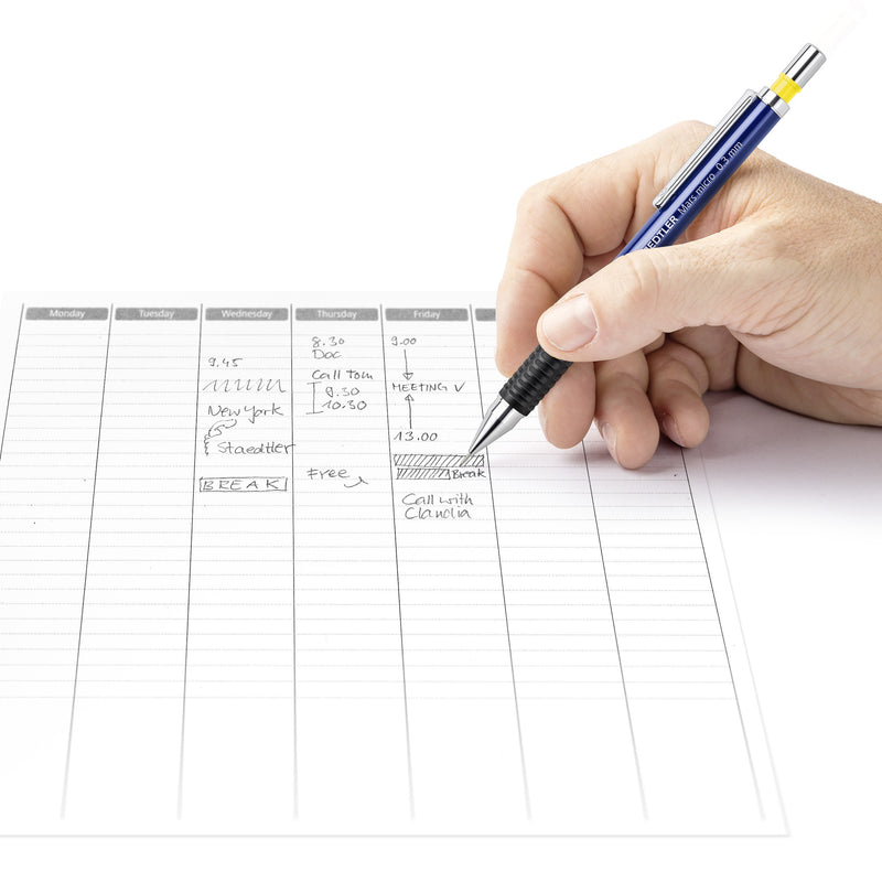 Hand writing in a weekly planner with a blue Mars micro 775 mechanical pencil