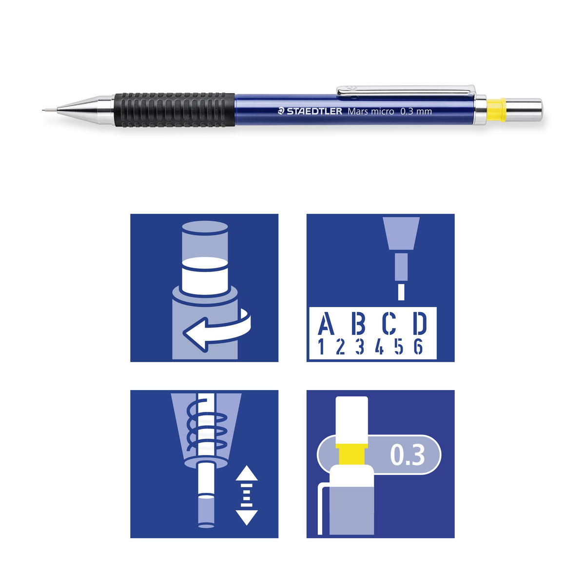 Staedtler pictograms for the twist, ruler use, cushioned lead and the yellow 0.3 coding ring, with a side view of the pencil