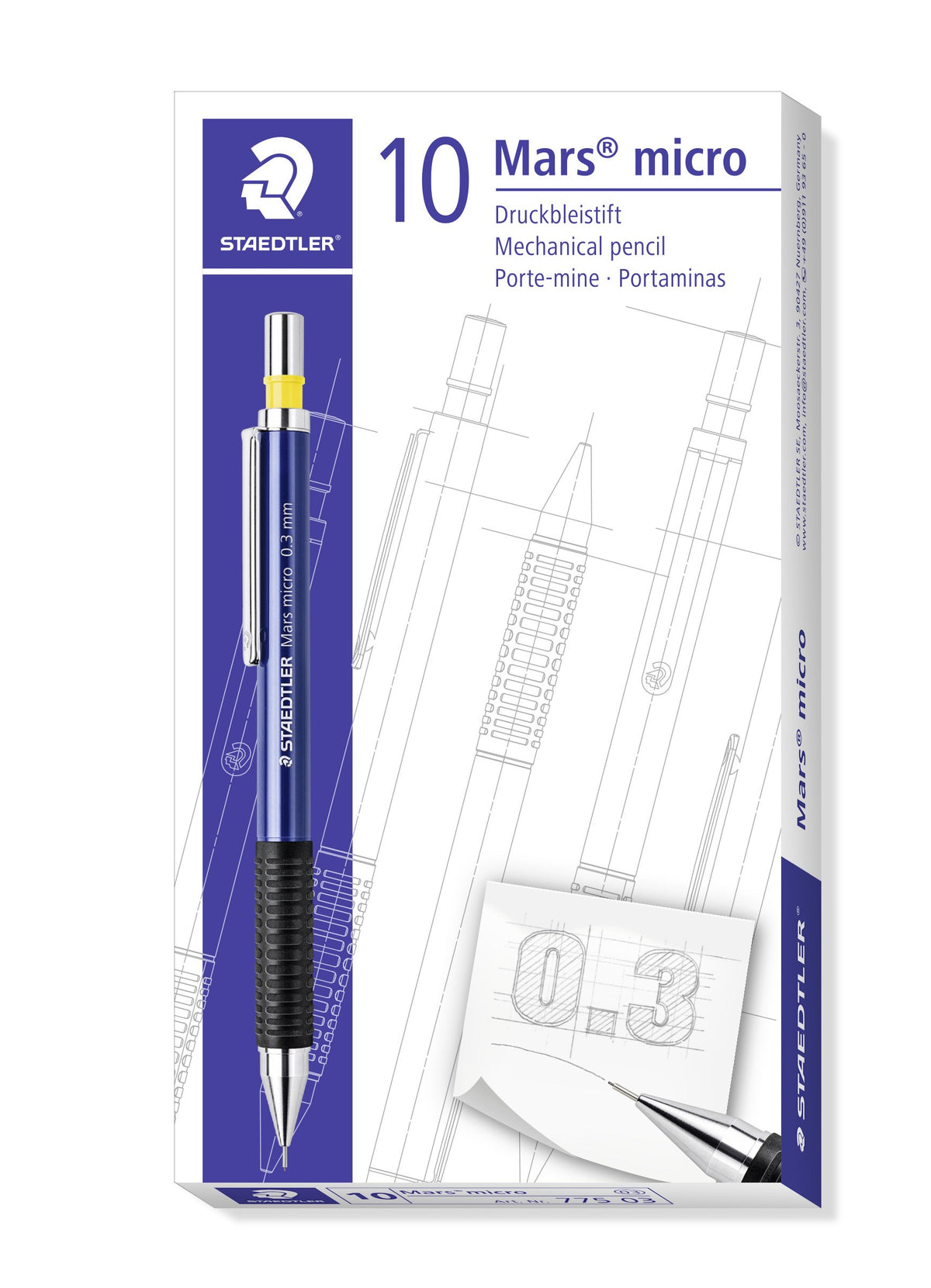 Staedtler trade box printed 10 Mars micro, Art. Nr. 775 03, with a 0.3 note sketched on the front; this listing is one pencil