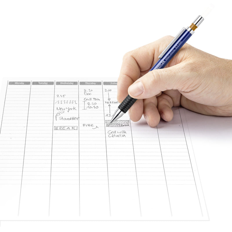 Hand noting appointments in a weekly planner with a blue Mars micro mechanical pencil