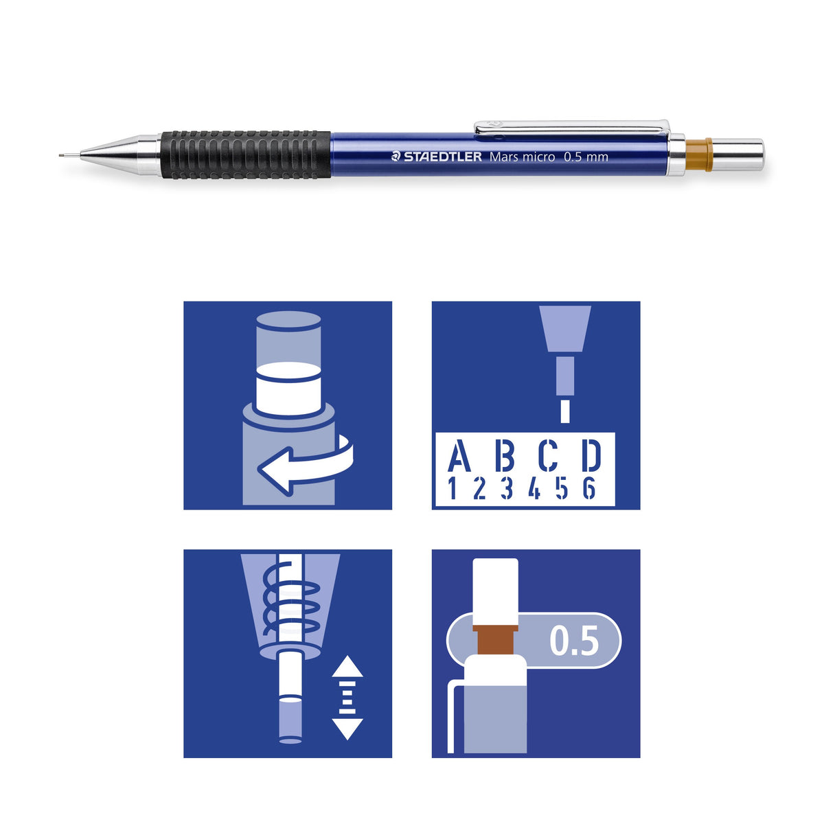 Staedtler pictogram tile for the Mars micro 0.5 mm: twist, ruler, cushioned lead and brown 0.5 ring icons