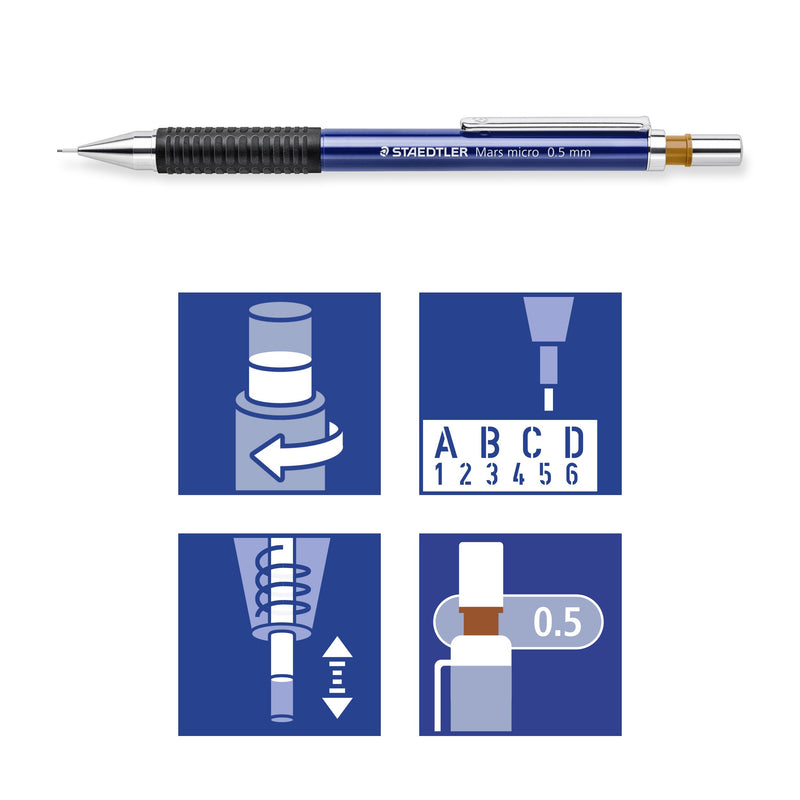 Staedtler pictogram tile for the Mars micro 0.5 mm: twist, ruler, cushioned lead and brown 0.5 ring icons