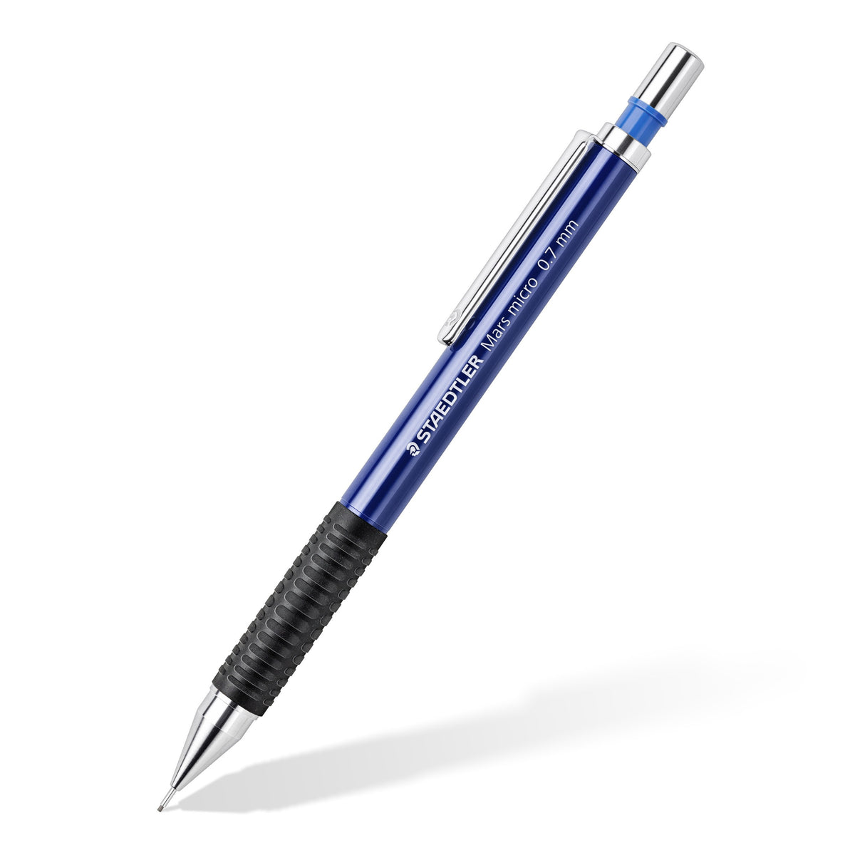 Mars micro 775 07 mechanical pencil at an angle, blue barrel with black rubber grip and a blue ring under the push-button