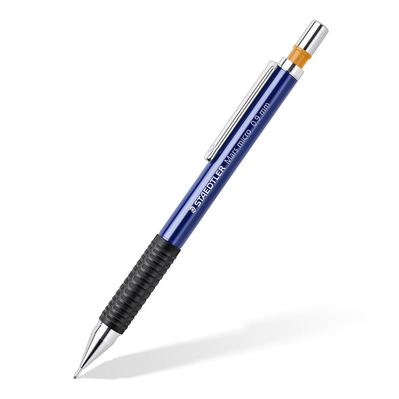 Staedtler Mars micro 775 09 at an angle, blue barrel, black rubber grip and an orange ring under the push-button