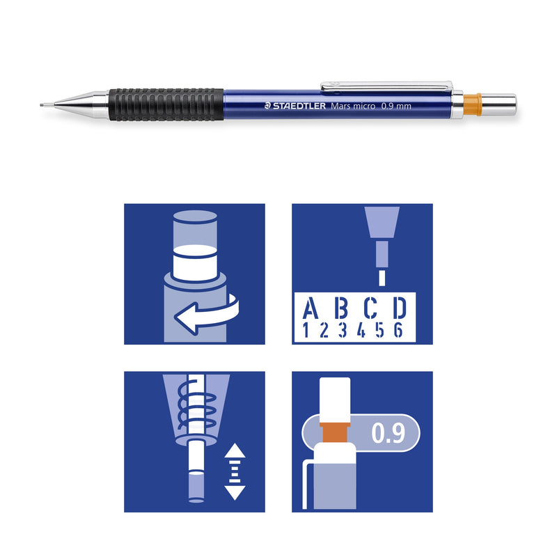 Mars micro 0.9 mm pictogram tile: twist, ruler use, cushioned lead and the orange 0.9 ring
