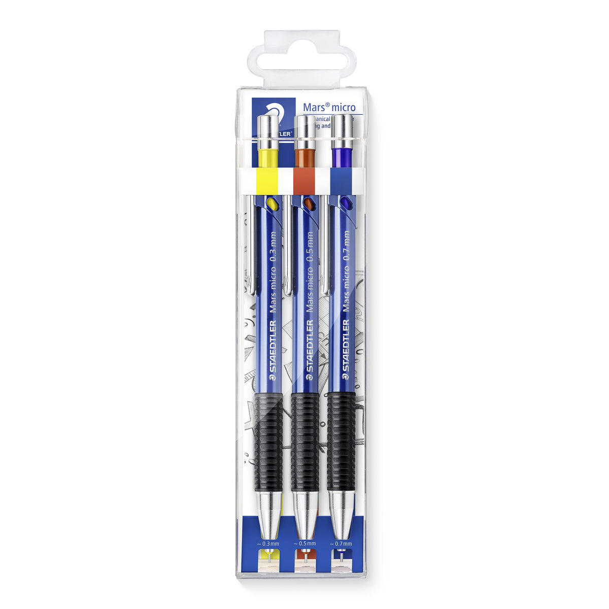 Clear Staedtler Mars micro wallet holding three blue mechanical pencils with yellow, red-brown and blue rings, marked 0.3, 0.5 and 0.7 mm