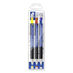 Clear Staedtler Mars micro wallet holding three blue mechanical pencils with yellow, red-brown and blue rings, marked 0.3, 0.5 and 0.7 mm