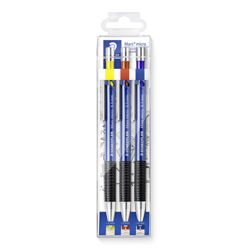 Clear Staedtler Mars micro wallet holding three blue mechanical pencils with yellow, red-brown and blue rings, marked 0.3, 0.5 and 0.7 mm