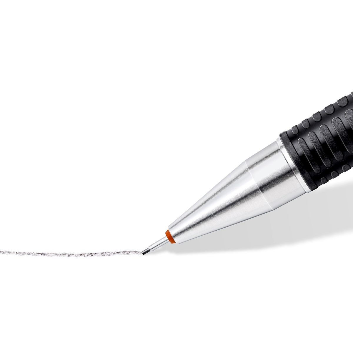 Close-up of a Mars micro metal sleeve and black rubber grip drawing a line