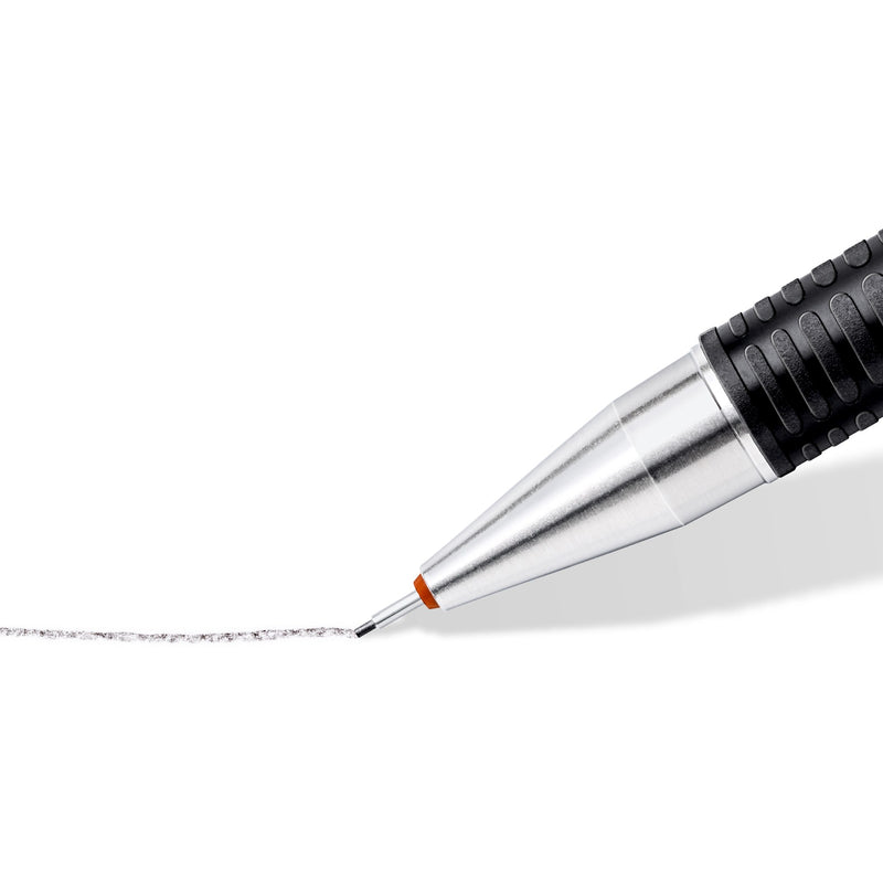 Close-up of a Mars micro metal sleeve and black rubber grip drawing a line