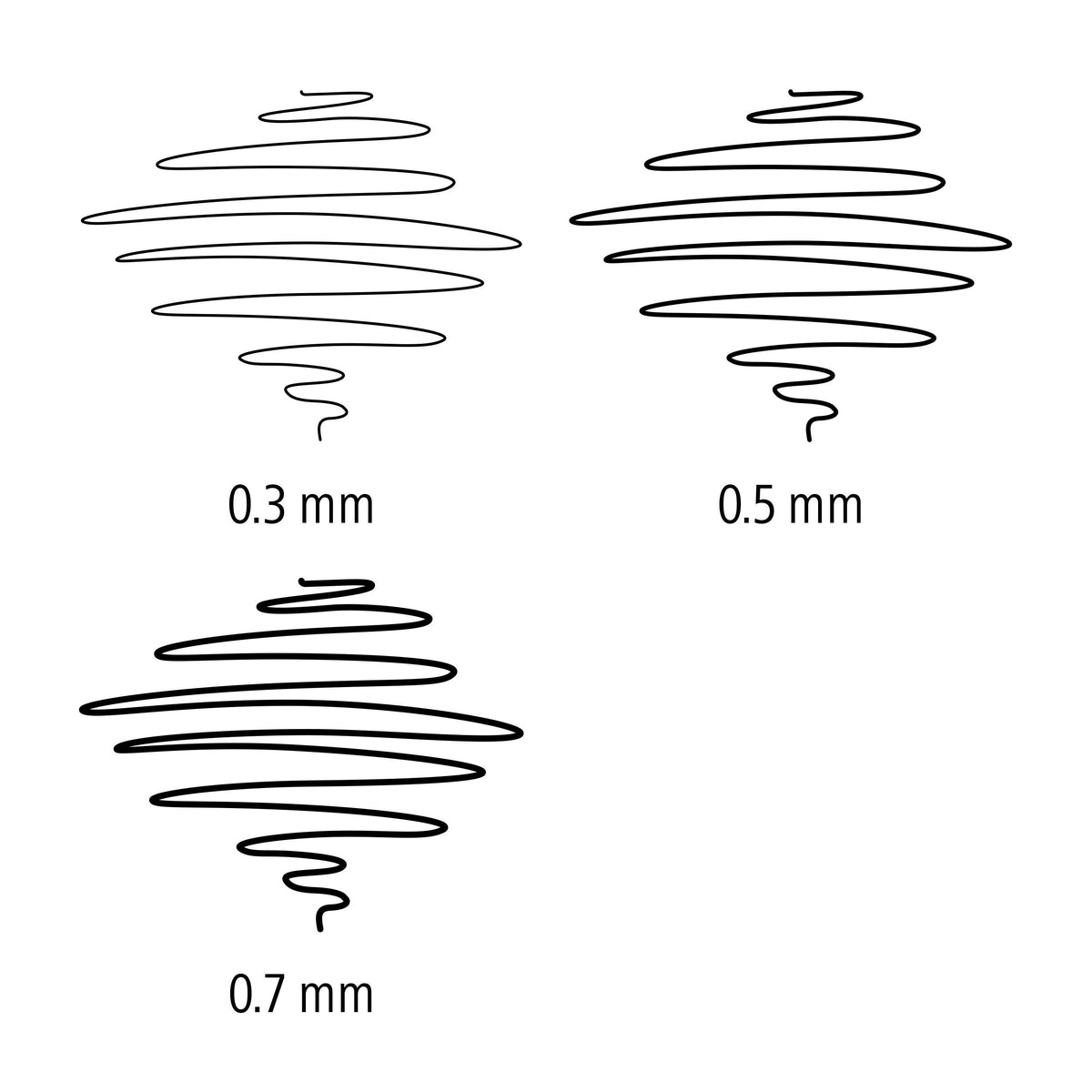 Three scribble samples labelled 0.3 mm, 0.5 mm and 0.7 mm comparing the Mars micro line widths