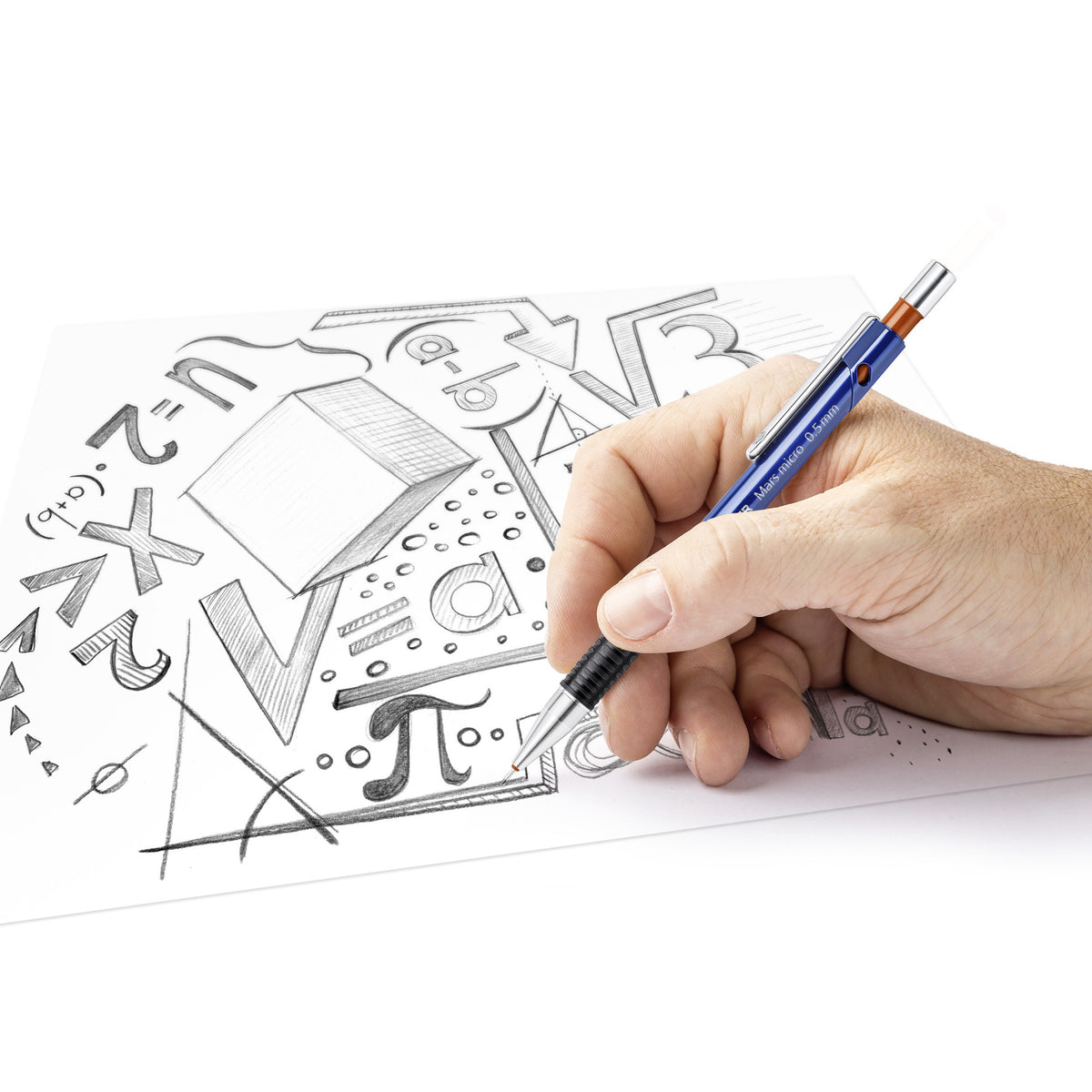 Hand drawing over maths sketches and shapes with a blue Mars micro mechanical pencil