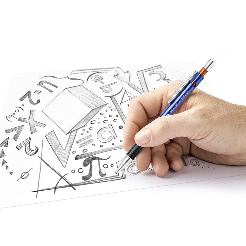 Hand drawing over maths sketches and shapes with a blue Mars micro mechanical pencil