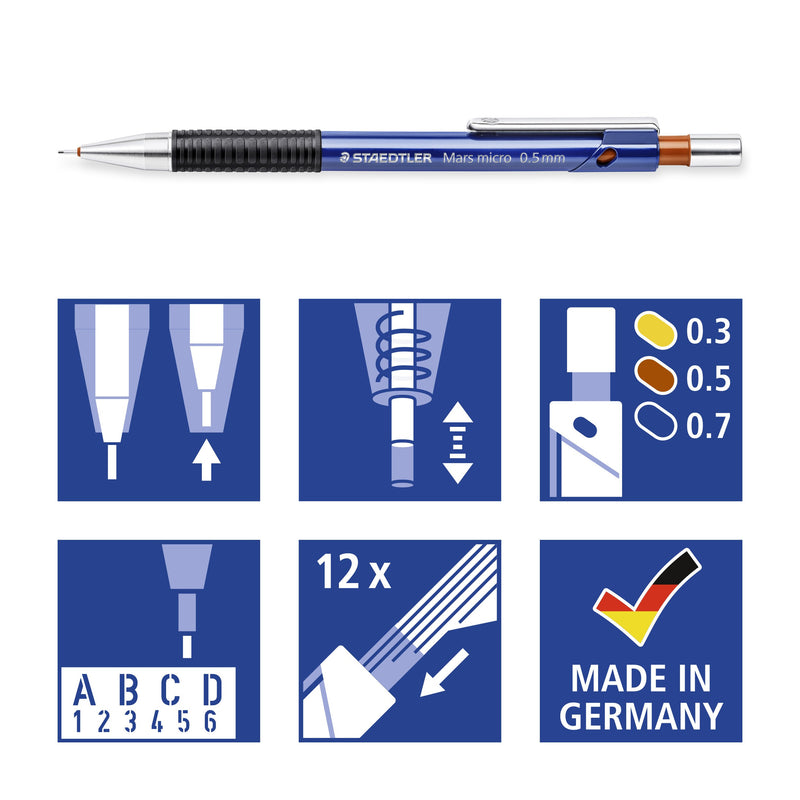 Staedtler Mars micro pictograms including the coloured width rings and a Made in Germany tile