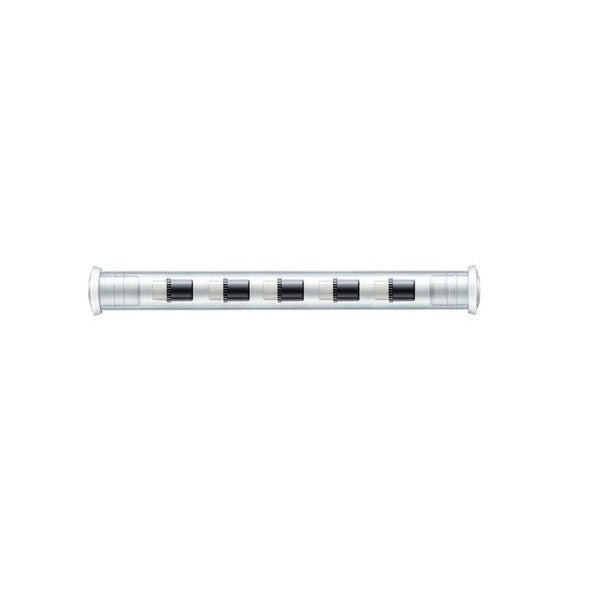 Earlier clear Staedtler tube holding a row of small white eraser plugs, each fitted with a black collar