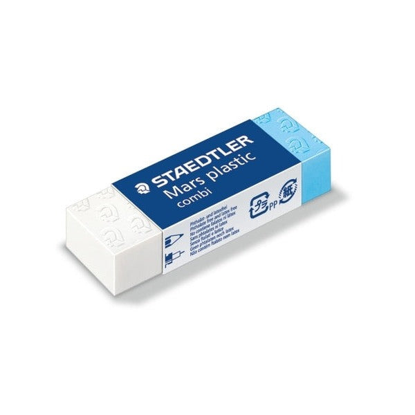 Earlier sleeve design of the Staedtler Mars plastic combi eraser, white and blue block at an angle