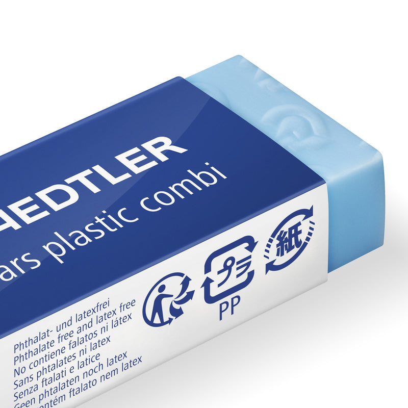 Close-up of the light blue ink end and the sleeve printed Mars plastic combi with material symbols