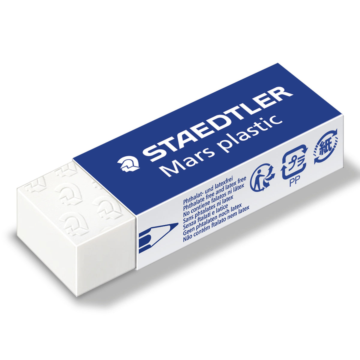 A Staedtler Mars plastic 526 50 eraser, white block in a blue sleeve printed STAEDTLER Mars plastic