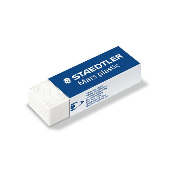 Earlier Mars plastic sleeve design: white Staedtler eraser with a blue band printed Mars plastic