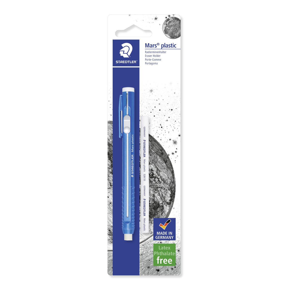 Staedtler Mars plastic 528 eraser holder on its current blistercard, blue holder beside a spare white core, with Made in Germany and Latex Phthalate free badges