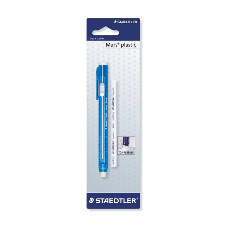 Earlier Staedtler Mars plastic blistercard holding a blue 528 eraser holder alongside a white spare refill core