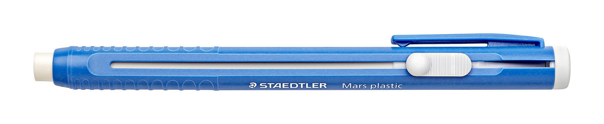 Blue Staedtler Mars plastic 528 eraser holder seen side on, white core at the tip, side slider and pocket clip