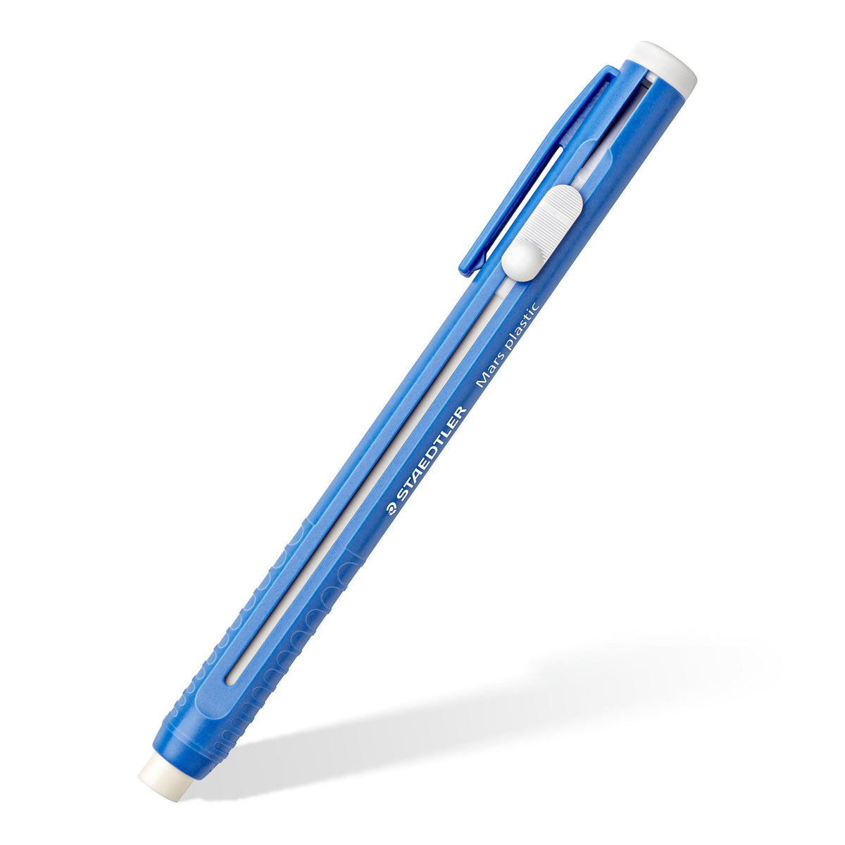 Staedtler Mars plastic 528 eraser holder standing at an angle, blue barrel with the white core extended at the lower end