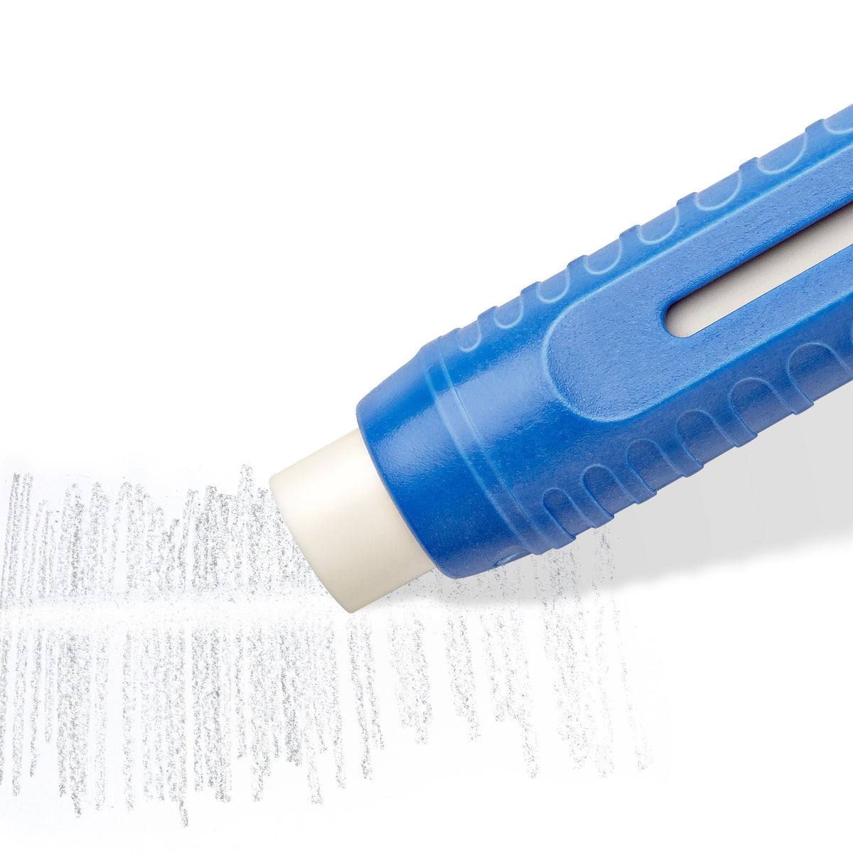 Close view of the Mars plastic 528 holder tip with its white core erasing a patch of pencil shading