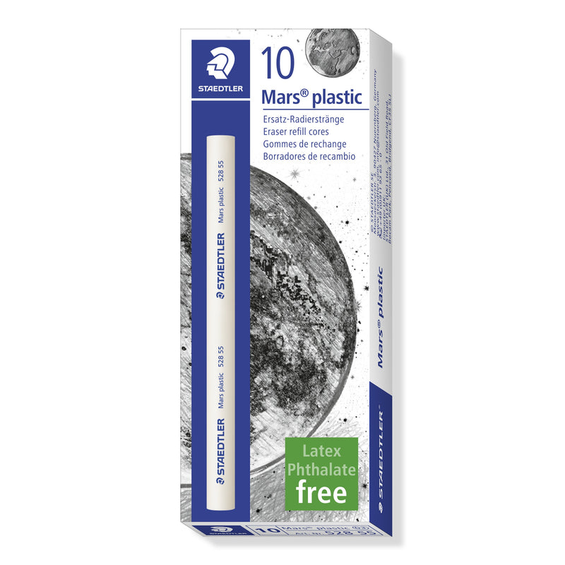 Staedtler box of 10 Mars plastic eraser refill cores with a moon surface graphic, a white core pictured on the front and a green Latex Phthalate free panel