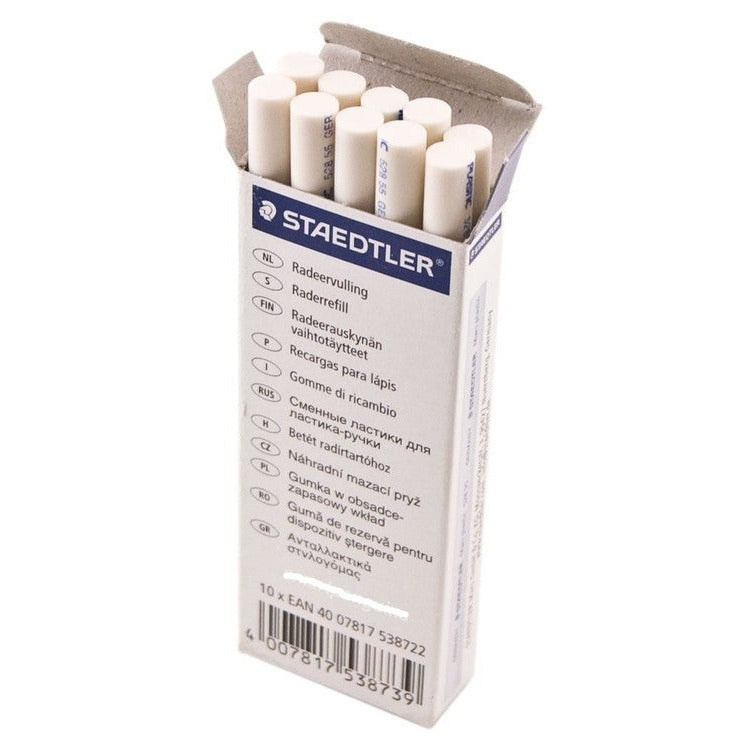 Earlier Staedtler box design for the Mars plastic 528 55 refills, standing open with the tops of the white cores showing